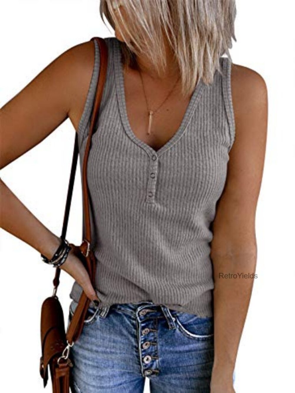 Ribbed V-Neck Henley Tank Top Sleeveless Button Up Casual Summer Tee
